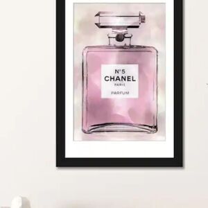 At Home Chanel No. 5 Parfum Bottle w/Floral Background‎ Framed Wall Decor